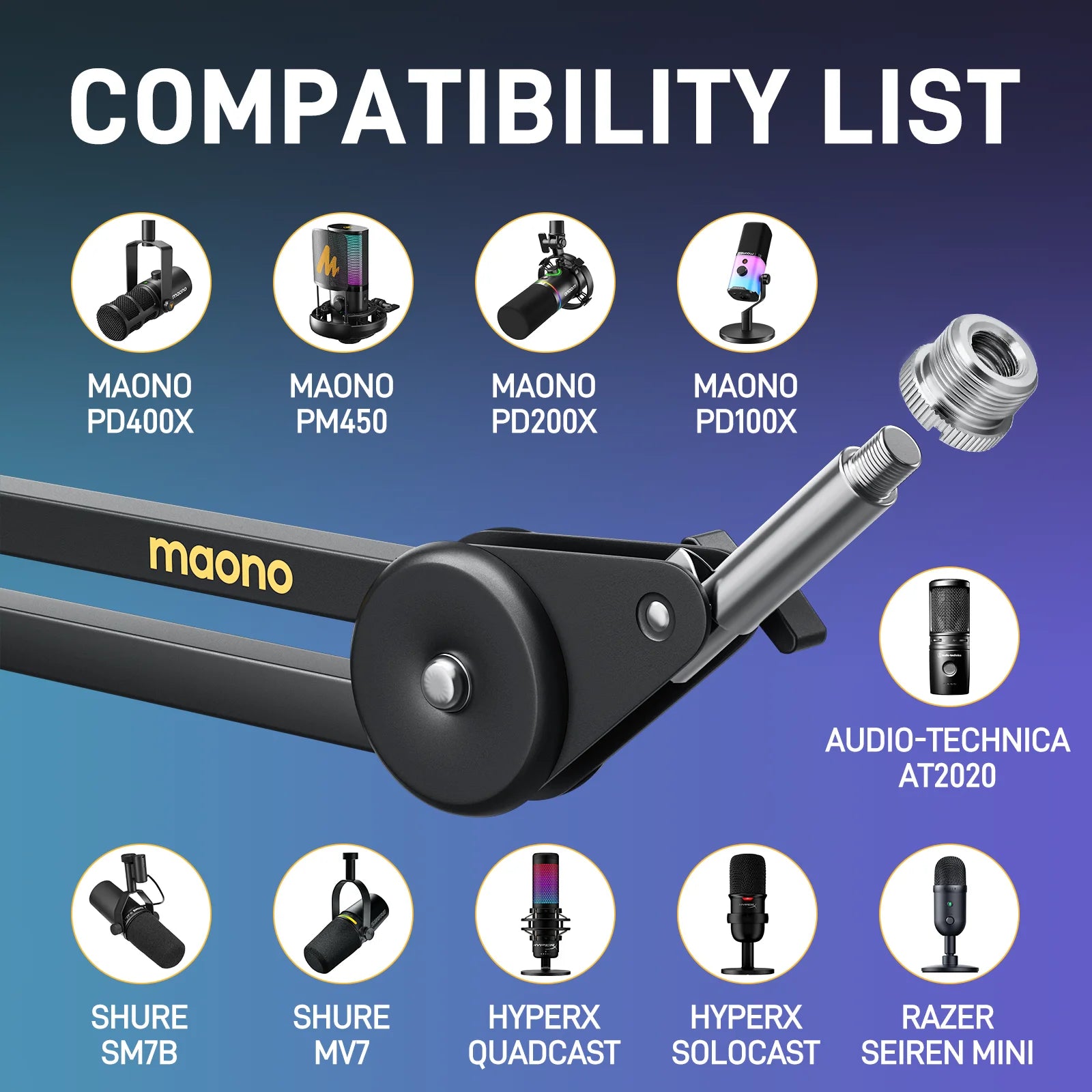 MAONO Microphone Boom Arm:Heavy Duty Adjustable Metal Suspension Mic Stand,Upgraded Desk Clamp,3/8" to 5/8" Screw Adapter,BA37