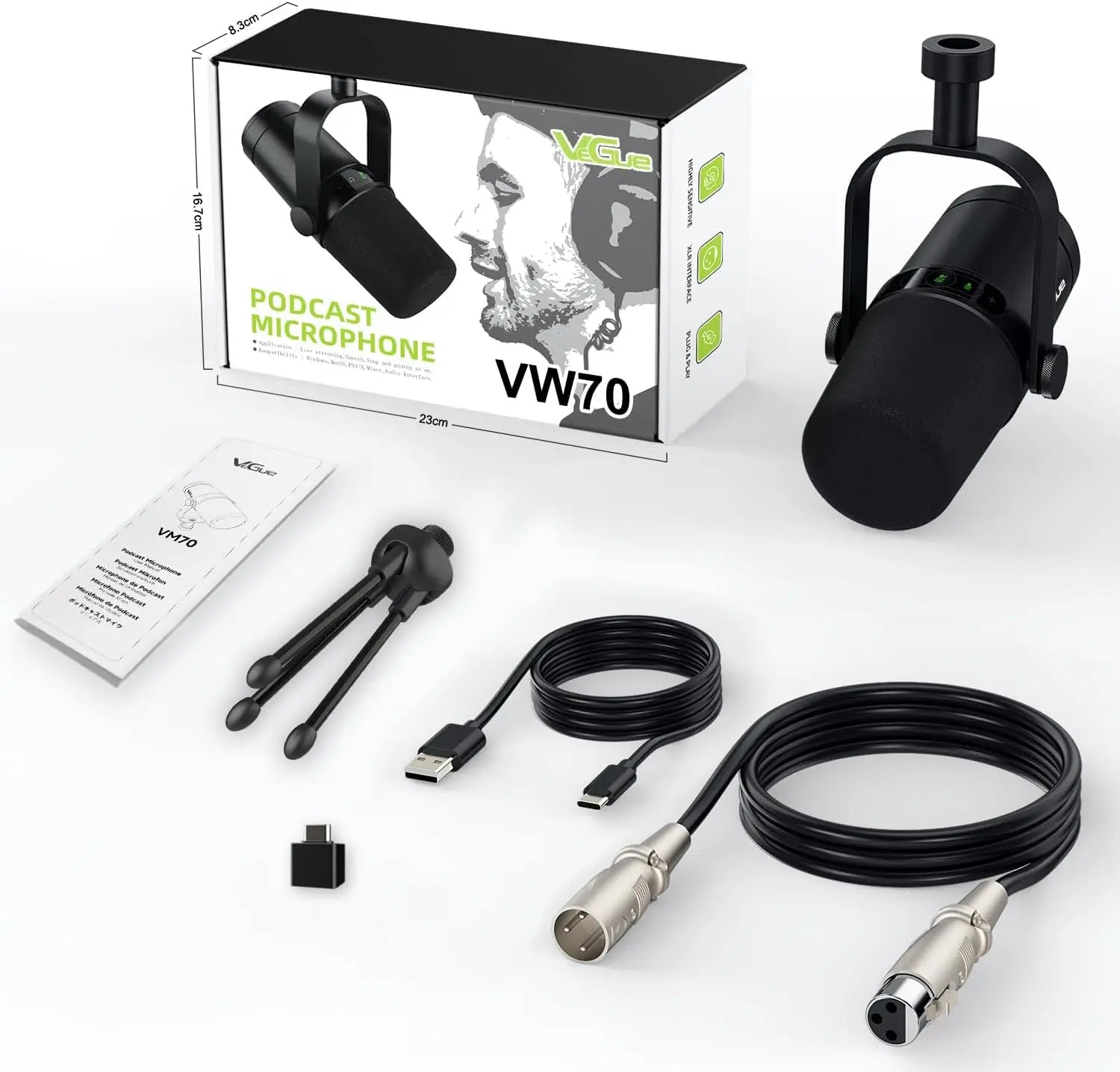 VeGue VM70 USB/XLR All Metal Cardioid Vocal Dynamic Microphone for Podcasting, Gaming, Recording & Live Streaming
