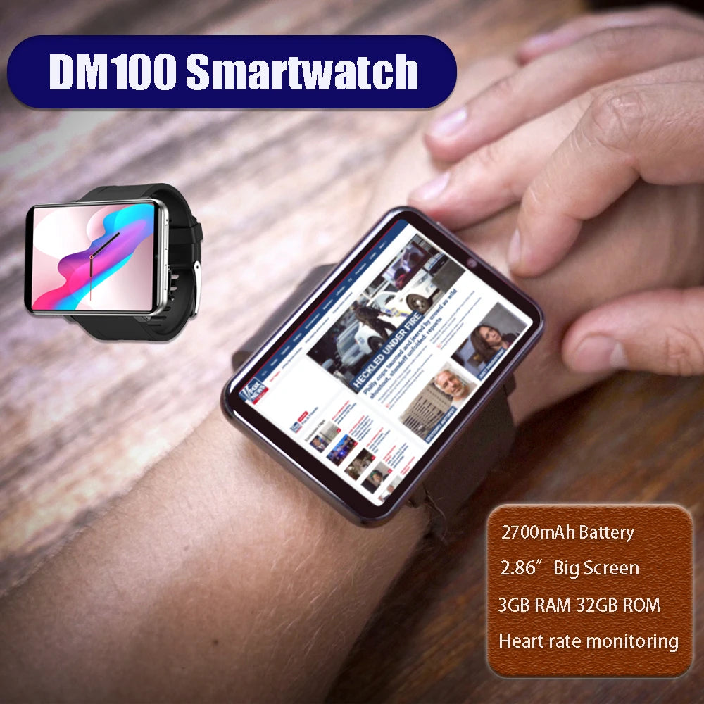 DM100 4G LTE Smart Watch 3GB RAM 32GB ROM 5MP Camera IPS 2700mah Battery 2.86 inch Screen Fitness Sports Sim Card Smartwatch Men