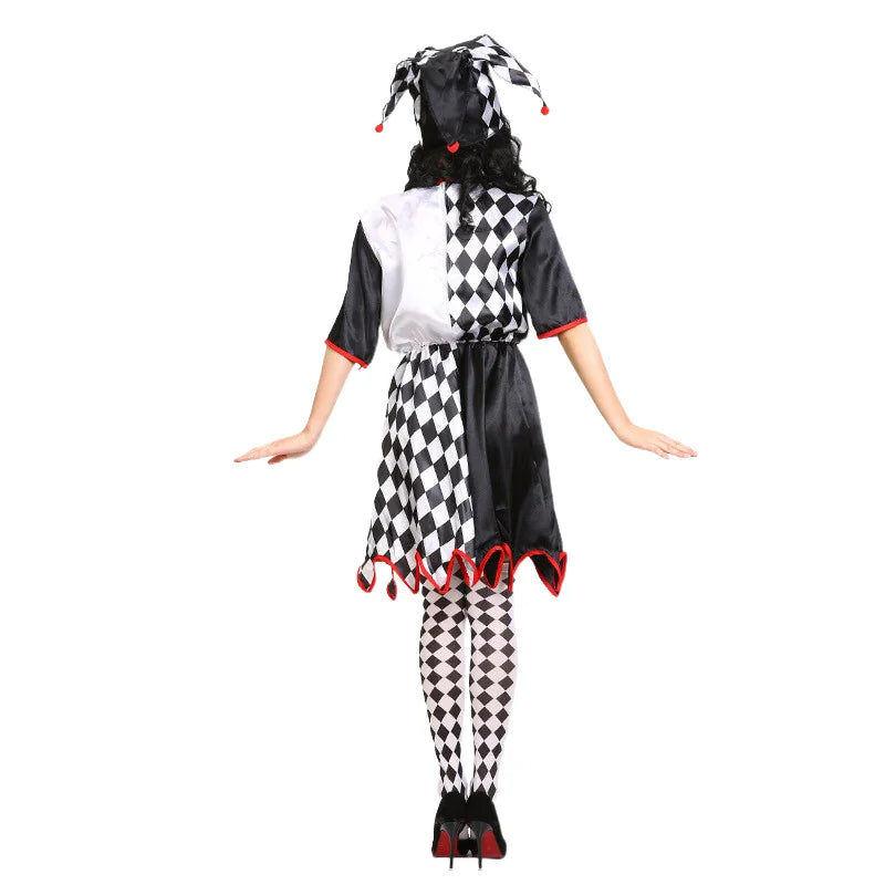 Halloween Carnival Costumes Funny Fun Cosplay Black and White Splicing Clown Costume with Hat for Man Women Innovative Set