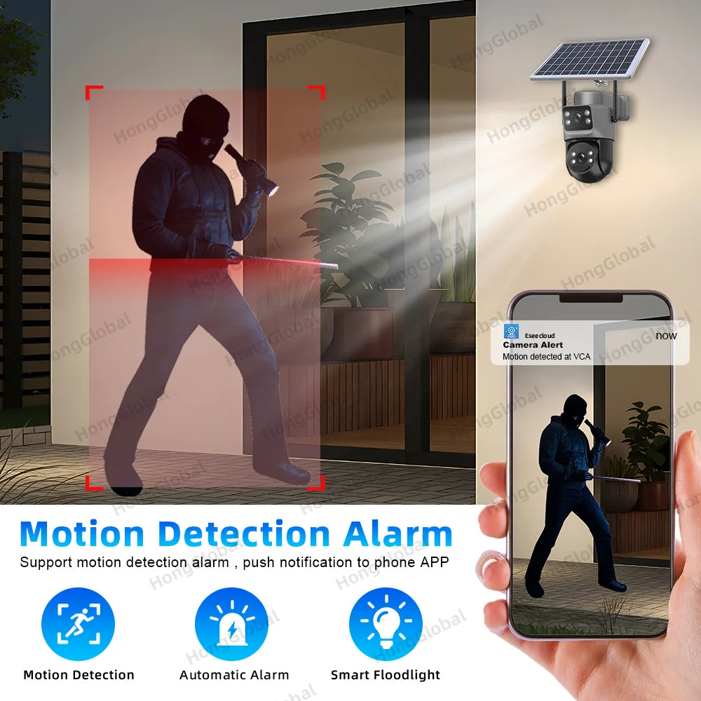 HongGlobal 8MP Wireless Solar Powered Surveillance Camera Eseecloud Dual Lens 4K Home Security 5G WiFi/4G Outdoor Solar CCTV Cam