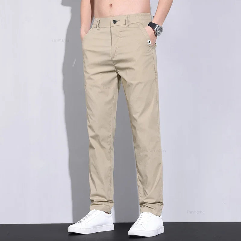 Ultra-thin Elastic Men's Casual Pants 2024 Summer Ice Silk Cotton Fashion Slim Straight Business Trousers Black Gray Khaki