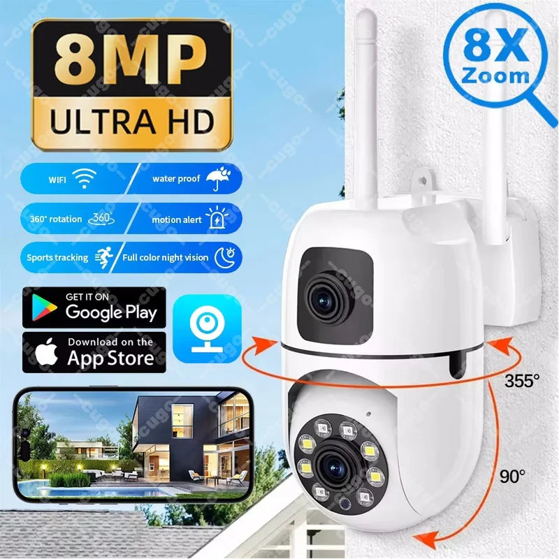8MP WIFI Surveillance Camera Dual Lens Dual Screen IP Cameras Wireless Auto Tracking Color Night Vision 8X Digital Zoom CCTV Cam