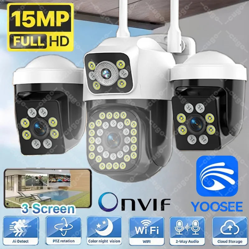 Three Screen WIFI IP Camera Outdoor 8K 15MP Three Lens PTZ Cam Ai Human Detection IP66 Waterproof Onvif CCTV Security Cam Yoosee