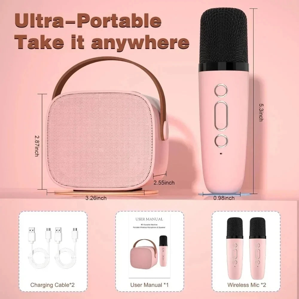 Mini Karaoke Machine for Kids and Adults Portable Speaker With 1-2 Wireless Microphone for Home KTV Birthday Party Holiday Gifts