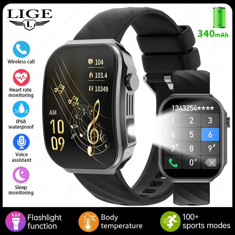 LIGE New 2.2 inch 3D curved Screen Smart Watch Men Bluetooth Call Flashlight 100+Sports Mode Man Watch Waterproof Men Smartwatch