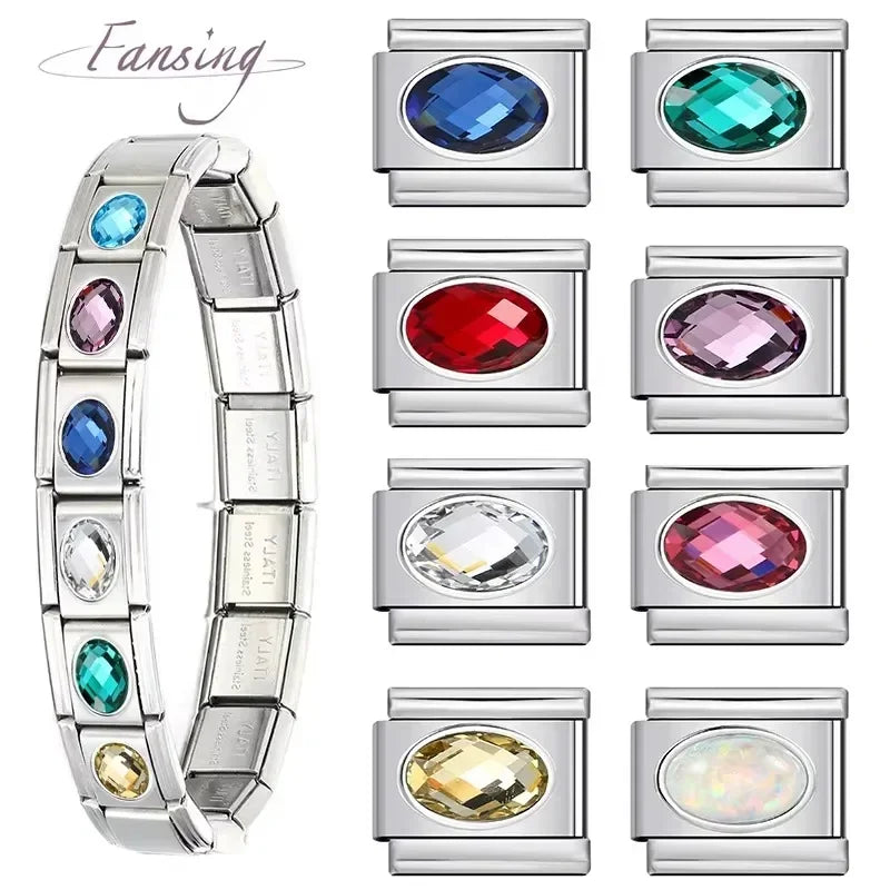 NEW Ellipse 12 Birthstones Italian Charm Stainless Steel Links Fit 9mm Modular Bracelet DIY Jewelry Wholesale