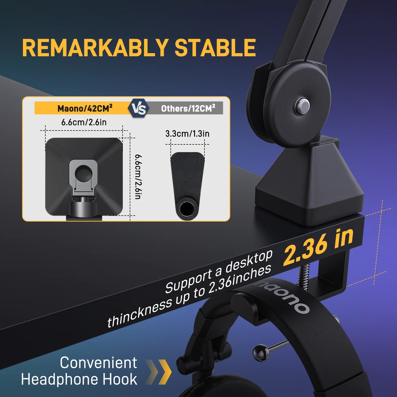 MAONO Microphone Boom Arm:Heavy Duty Adjustable Metal Suspension Mic Stand,Upgraded Desk Clamp,3/8" to 5/8" Screw Adapter,BA37