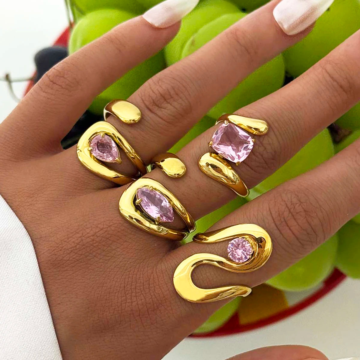 Unique 316L Stainless Steel Zircon Rings Suitable For Women's Exaggerated Waterproof Jewelry 18K Gold Plated Rings Gift For Her