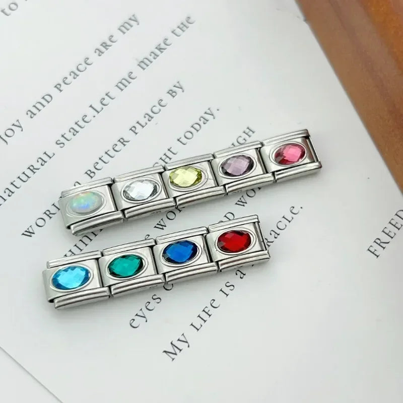 NEW Ellipse 12 Birthstones Italian Charm Stainless Steel Links Fit 9mm Modular Bracelet DIY Jewelry Wholesale