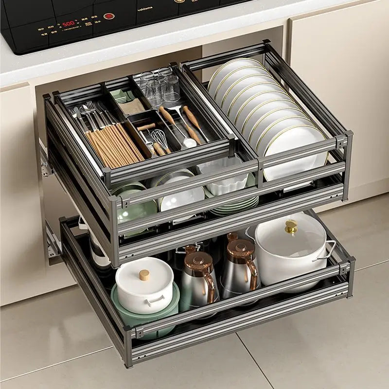 Pull Out Kitchens Cabinets Baskets Drawer Style Bowl Dish Storage Baskets Organization Three Layers Kitchens Shelf Thicken