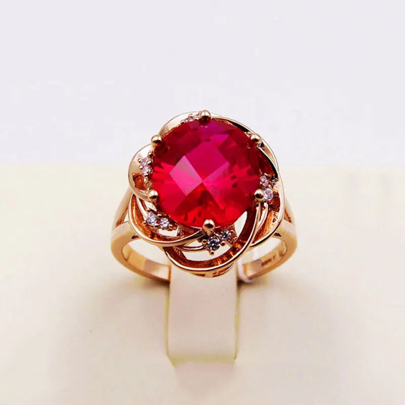 585 Purple Gold 14K Rose Gold Inlaid Flower Ruby Rings For Women Adjustable Elegant Crystal Charm Wedding Engagement Jewelry