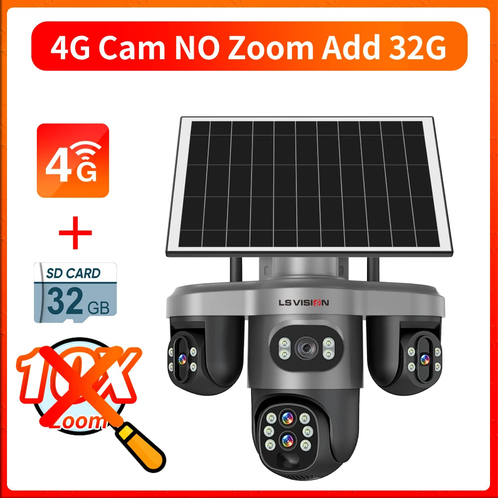 LS VISION 20MP 4G Solar Camera 10X Optical Zoom Four Lens Three Screen Outdoor WiFi Surveillance Cameras Auto Tracking V380 Pro