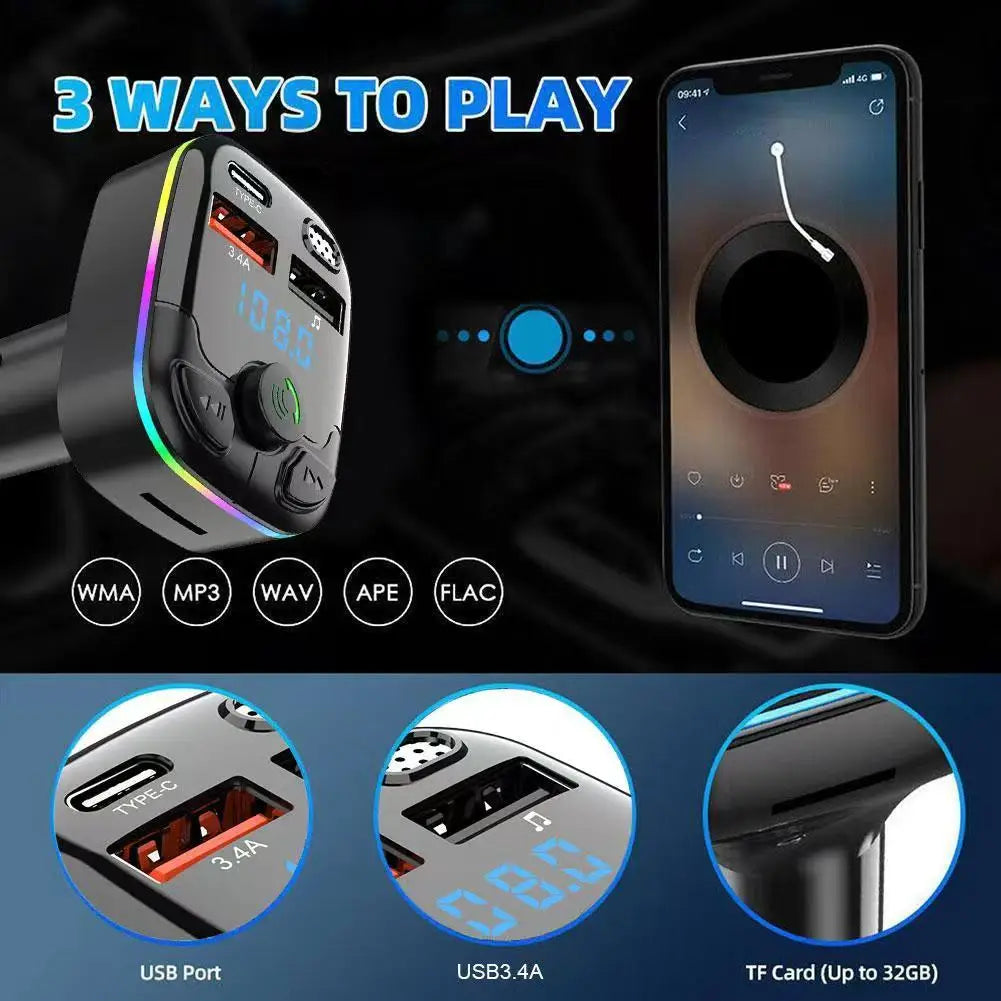 Car Charger Bluetooth 5.0 FM Transmitter PD Type-C Dual USB Ambient Player MP3 Charger Type-C Wireless Light Handsfree