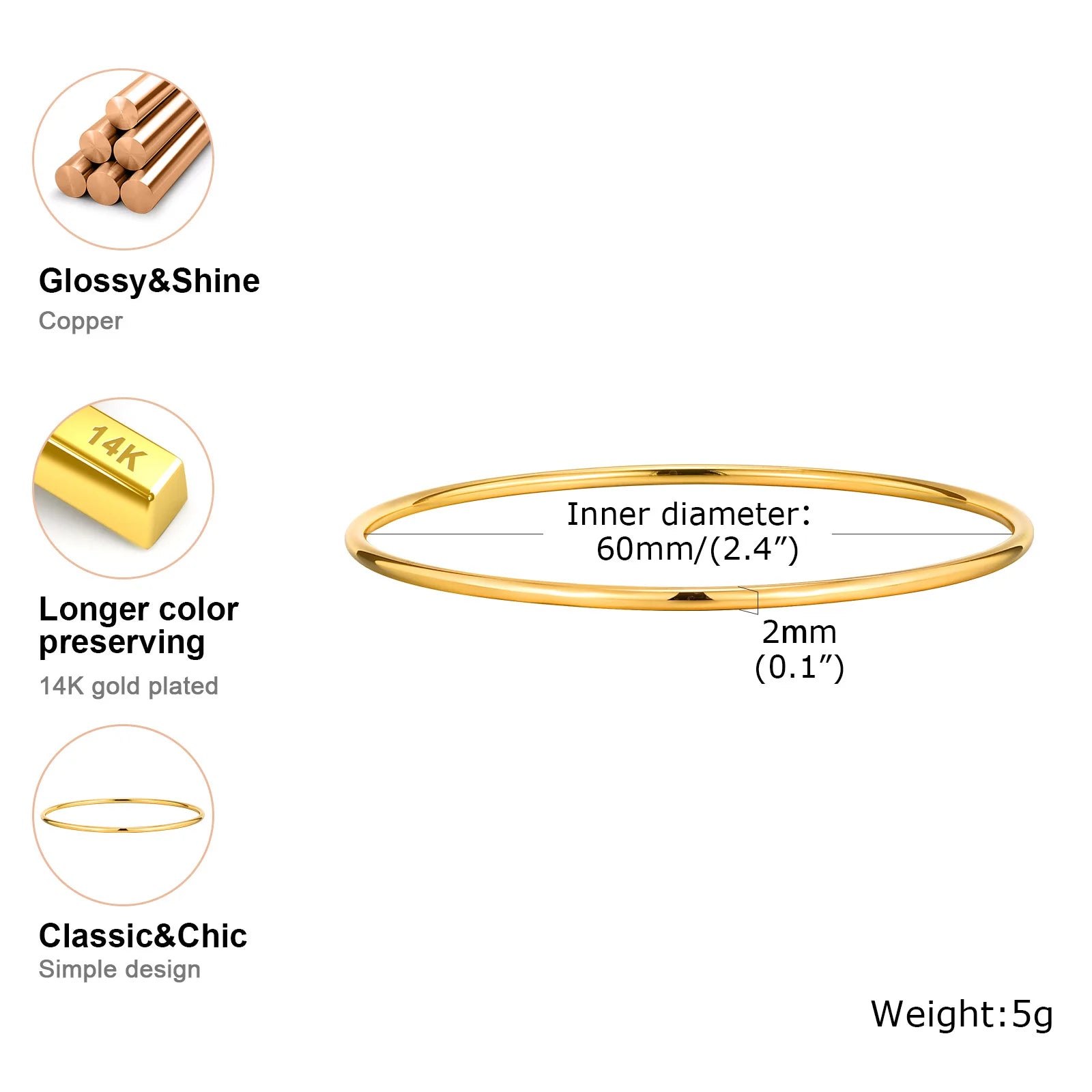 Women Bangle Bracelet Stainless Steel, 18k Gold Plated 2mm Stackable Glossy Thin Jewelry