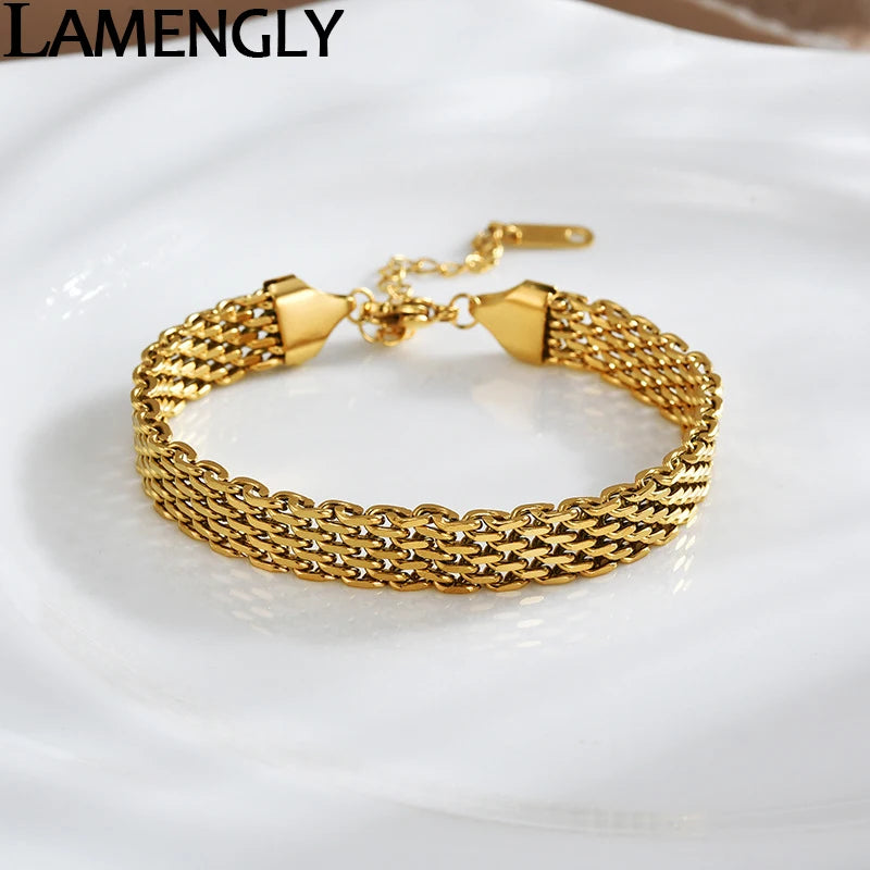 LAMENGLY 316L Stainless Steel Temperament Wide Snake Bone Chain Bracelet For Women Girl Light Luxury Non-Fading Wrist Chain