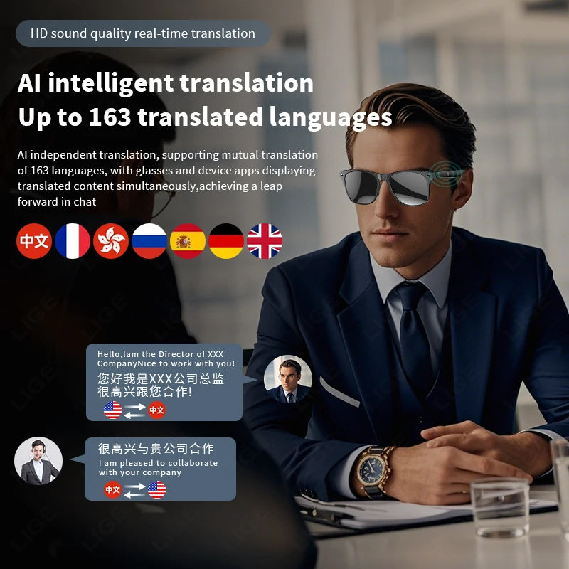 2025 New Smart Glasses Men Multiple Language Al Intelligent Translation Anti-blue Lens Wireless Call Voice Assistant Glasses Man