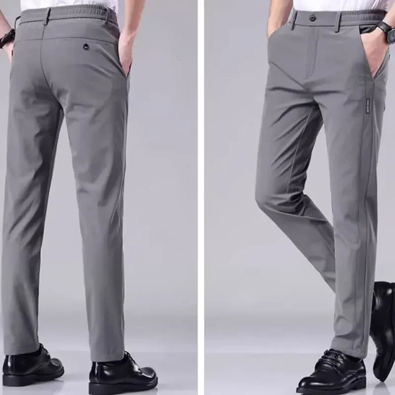 2025 New Summer Ultra-thin Men's Casual Pants Breathable Soft Ice Silk Elastic Straight Business Trousers Black Gray