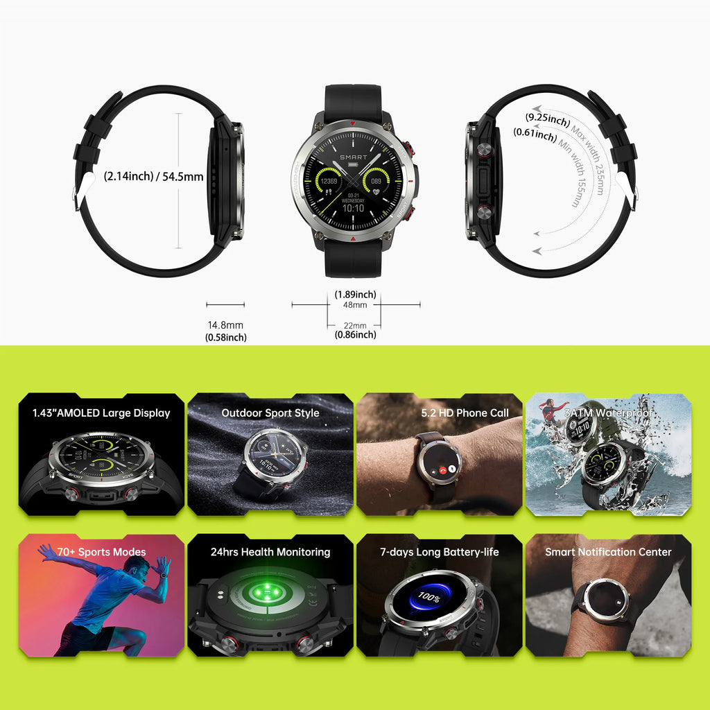 Smart Watch Fitness Tracker 1.43-Inch AMOLED High Screen Outdoor 70+ Sport Modes Waterproof Smartwatch Wireless Compatible Andr