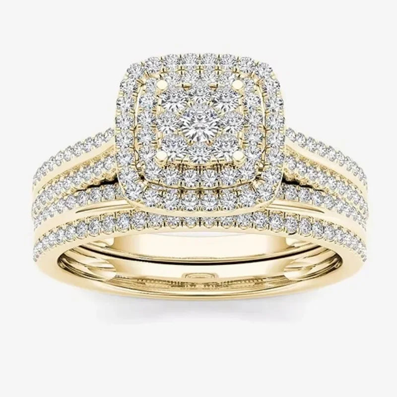 Delicate Gold Color Square Geometry Ring for Women Luxury Metal Inlaid White Stones Ring Set Jewelry