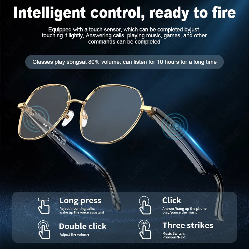 LIGE Smart Glasses AI Intelligent Translation Wireless Bluetooth Glasses Built-In Mic Speakers Headset Sunglasses For Men Women