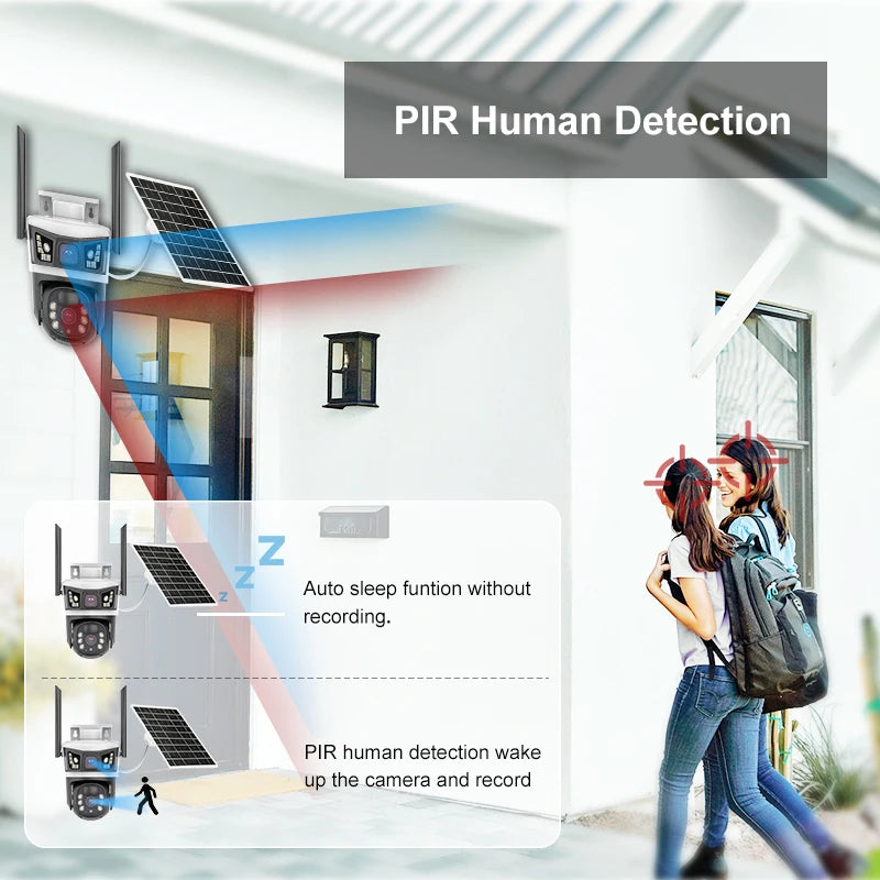 4G Solar Camera Dual Lenses Outdoor 12MP 6K Low Power 20000Mah Battery IP Camera PIR Night Vision Yoosee CCTV Security Protectio