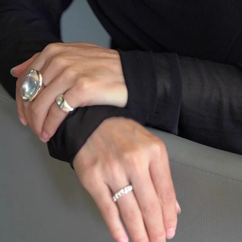 925 Sterling Silver Rings For Women Vintage Handmade Adjustable Retro Big Stone Ring Fashion Band Female Bijoux Gift