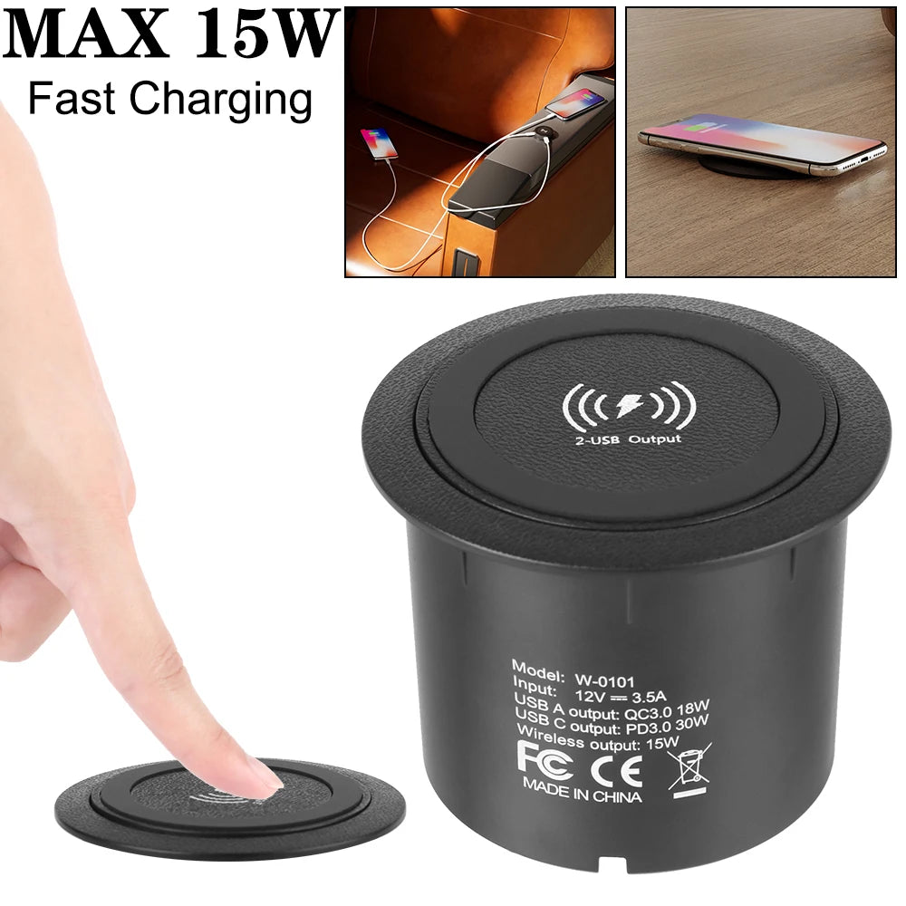 Car Charger Embedded Wireless Charger Outlet Socket For Camper Truck ATV Boat Car RV USB Type-C Quick Charge PD 3.0 15W