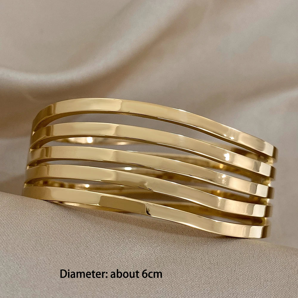 Stainless Steel Bangles Bracelets Multi-layered Line Wide Cuff for Women Vintage Fashion Versatile Hinged Waterproof Jewelry