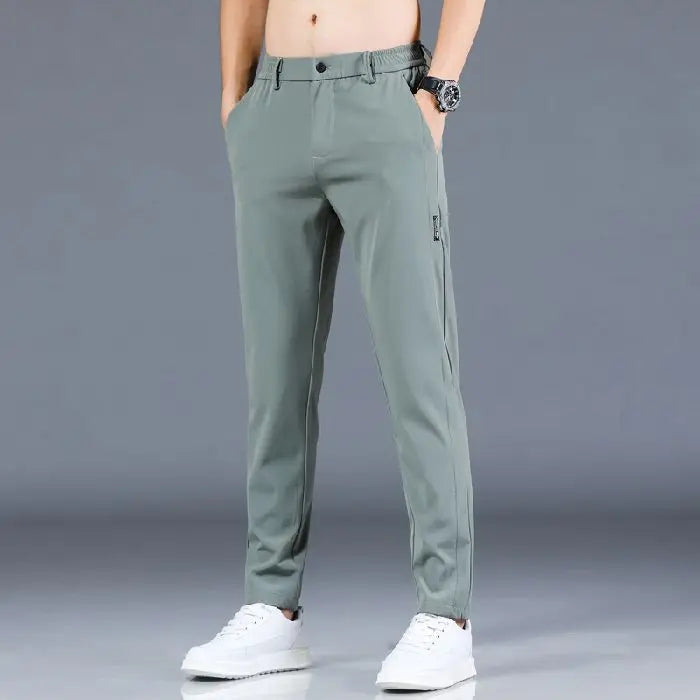 2025 New Summer Ultra-thin Men's Casual Pants Breathable Soft Ice Silk Elastic Straight Business Trousers Black Gray