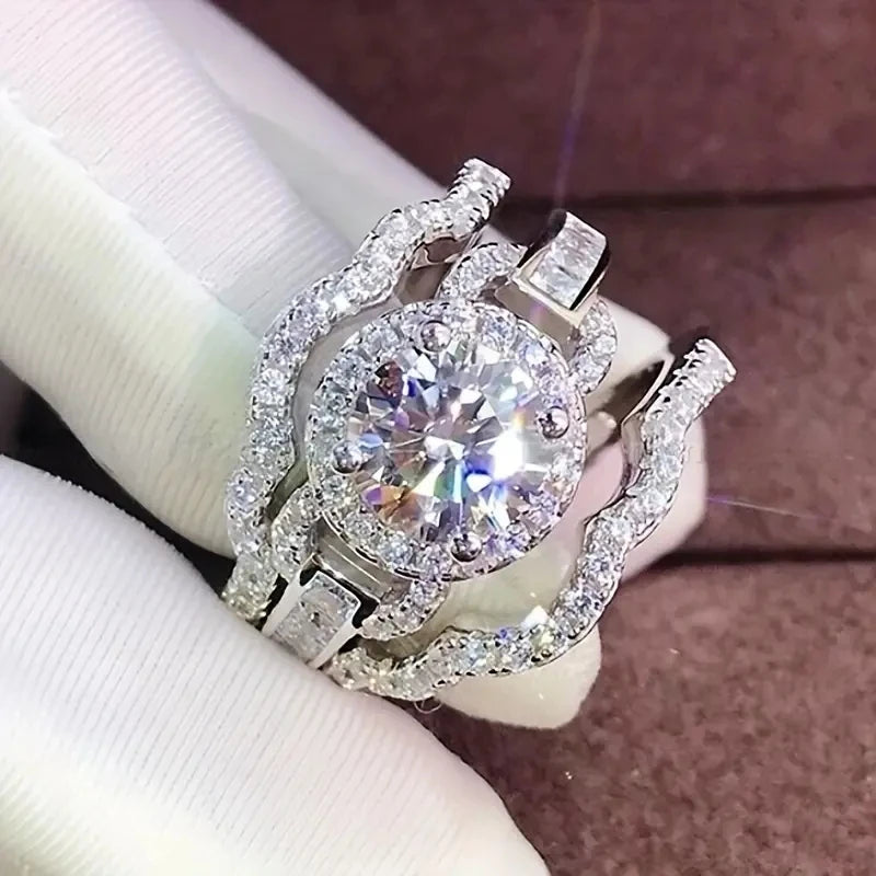 Exquisite Fashion Silver Color Inlaid with White Zircon Engagement Rings Luxury Elegant Wedding Rings Set Women Jewelry