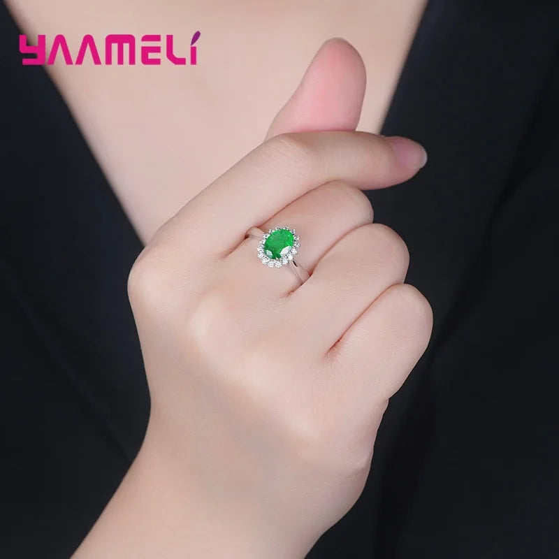100% Authentic 925 Sterling Silver Color Women Wedding Engagement Jewelry Ring Classic Oval Flower Shiny Cubic Zircon Crystal