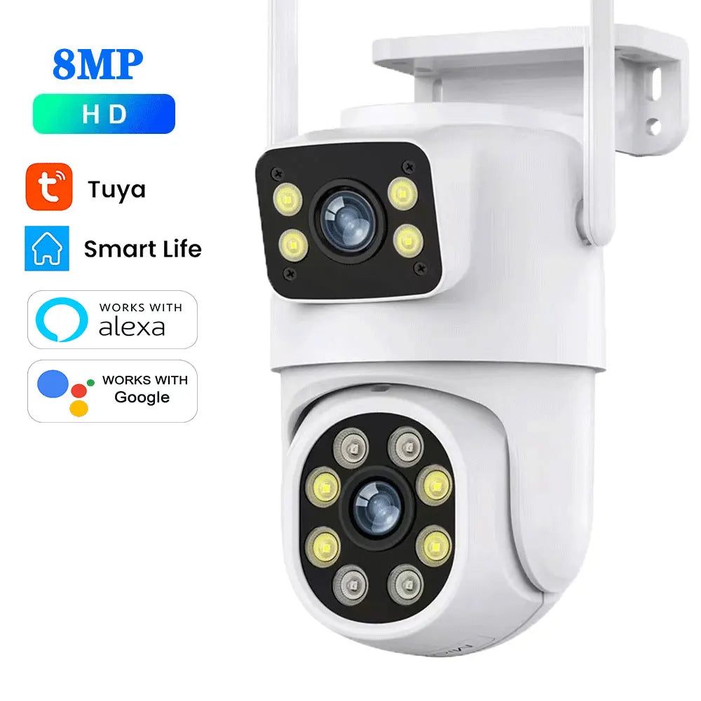 4K 8MP Tuya Dual Lens WIFI Camera PTZ Outdoor Dual Screen Ai Human Auto Tracking Security Camera Surveillance with Alexa Google