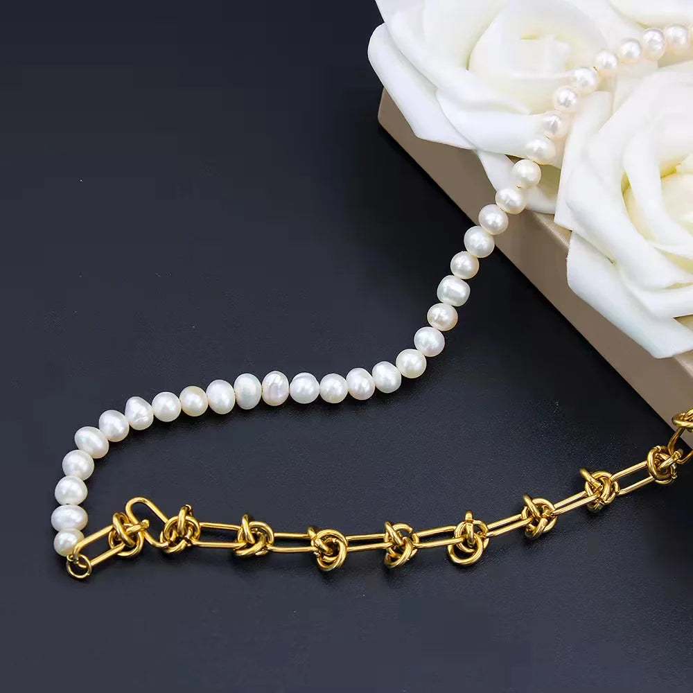 New Fashion Half Pearl Half Link Chain Necklace Bracelet Women Aestethic Luxurious Jewelry Gift