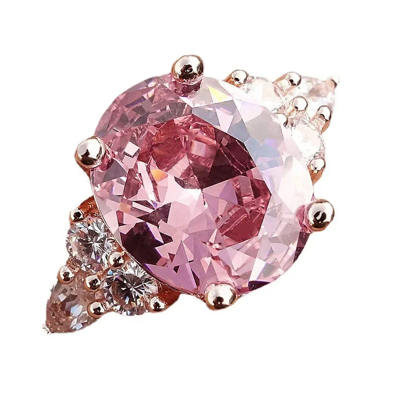 Pink Zircon Big Oval Stone Ring Female Shining Crystal Engagement Rings for Women Vintage Rose Gold Silver Color Wedding Jewelry