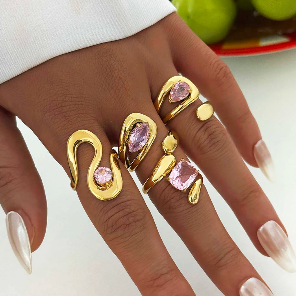 Unique 316L Stainless Steel Zircon Rings Suitable For Women's Exaggerated Waterproof Jewelry 18K Gold Plated Rings Gift For Her