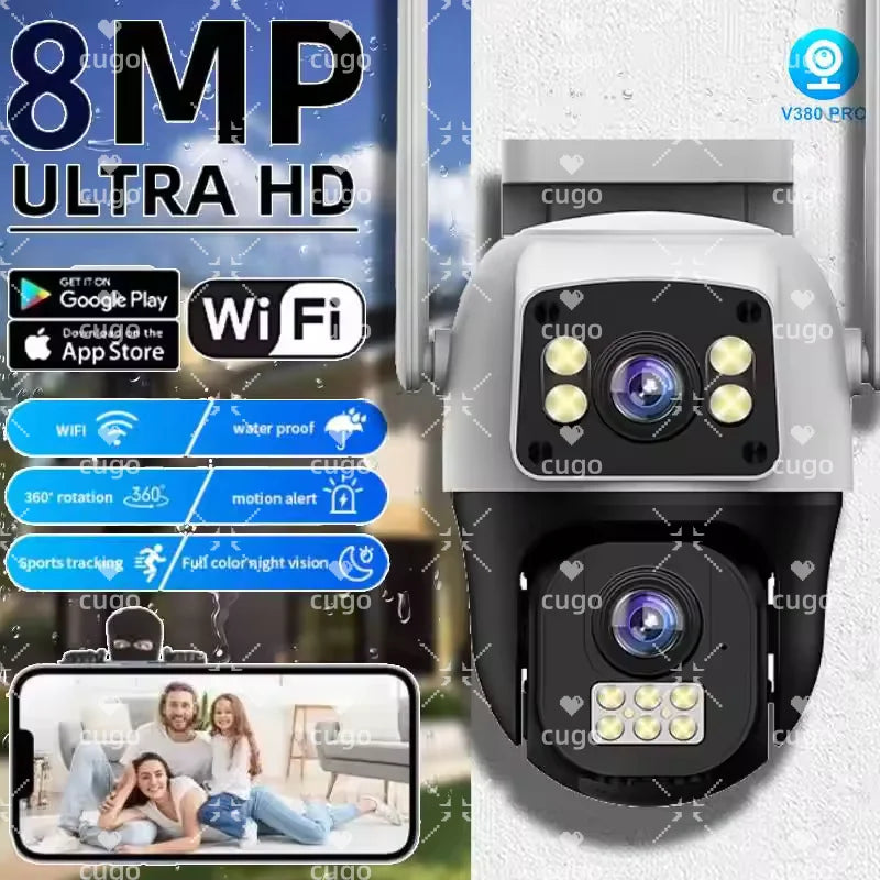 8MP 4K WIFI IP Camera PTZ Outdoor Dual Screen AI Human Detection Dual Lens Two-way Audio CCTV Video Security Camera V380 APP