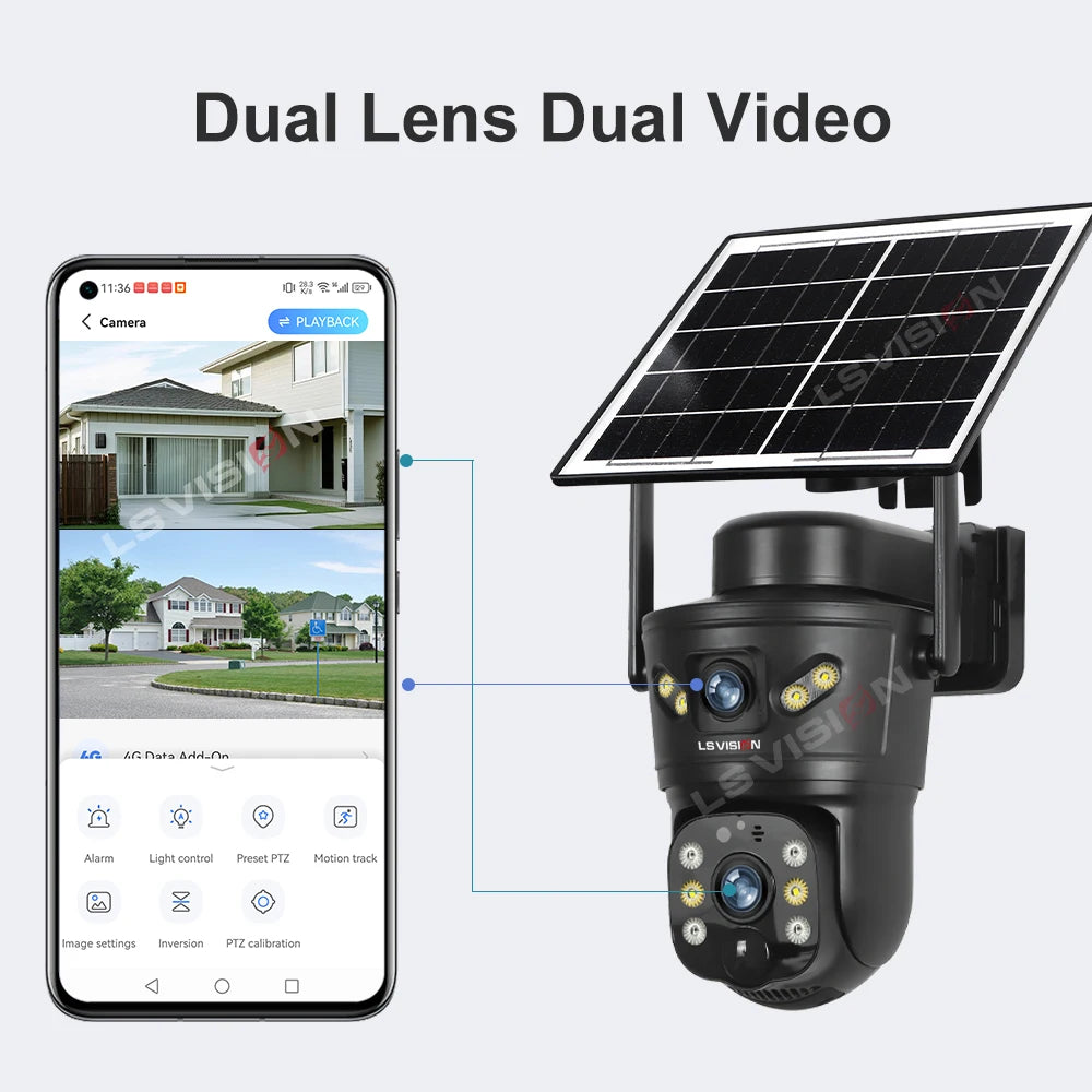 LS VISION 4K 8MP Dual Screens Solar Security Camera Outdoor 4G/WiFi Dual Lens PTZ Human Auto Tracking CCTV Cameras V380 Pro App