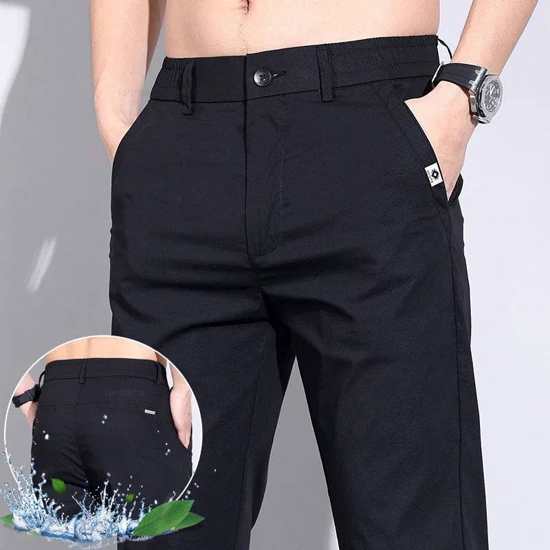 Ultra-thin Elastic Men's Casual Pants 2024 Summer Ice Silk Cotton Fashion Slim Straight Business Trousers Black Gray Khaki