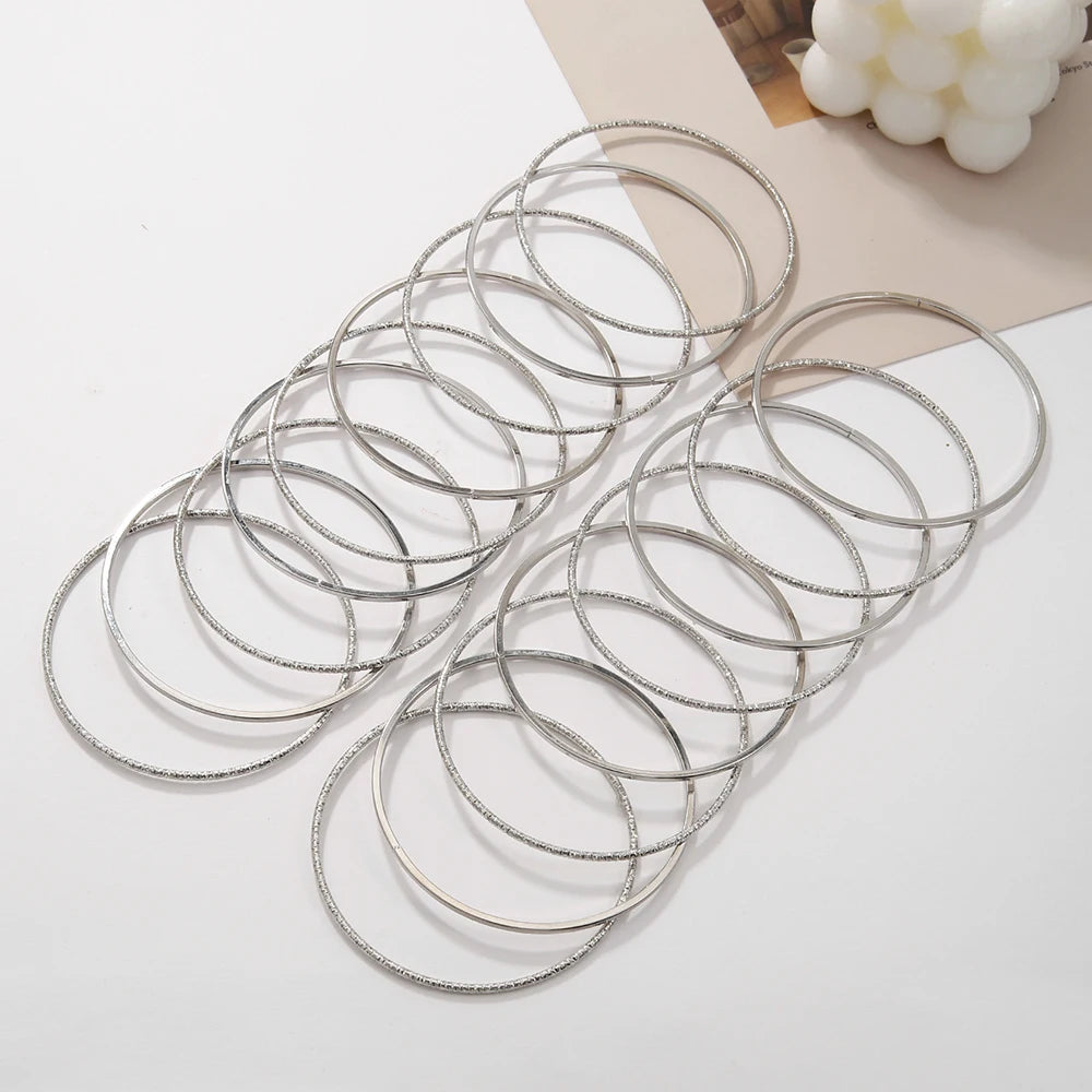 Trending Fashion Classic Frosted Ultra Simple Ring Bracelet Set Boho Chic Multi-Layer 17-Piece Alloy Bracelet Set for Women