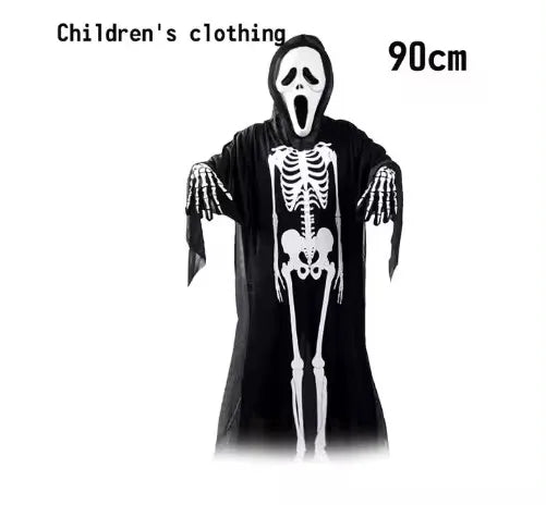 2025 Halloween cosplay costume: Grim Reaper, terrifying skeleton costume for children, adult Grim Reaper, ghost robe, and sickle
