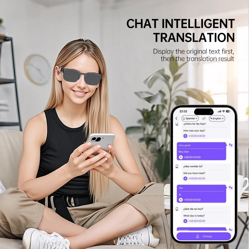 Smart Glasses, 5.0 Bluetooth Sunglasses with Open Ear Speaker, Voice Assistant Compatible, Blue Light Blocking Lens