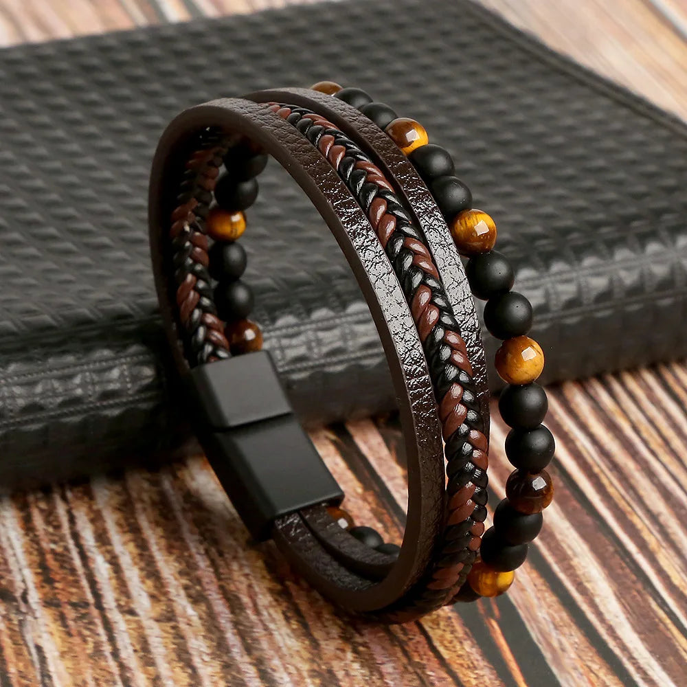 New Vintage Leather Handwoven Rope Bracelet Leather Beaded Magnetic Buckle Men's Bracelet Fashion Jewelry Wholesale