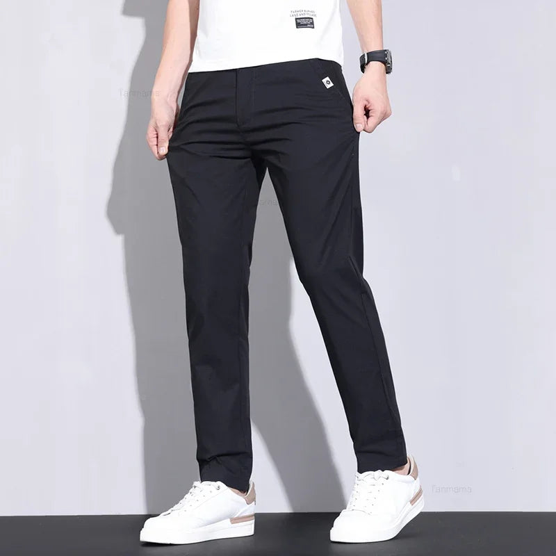 Ultra-thin Elastic Men's Casual Pants 2024 Summer Ice Silk Cotton Fashion Slim Straight Business Trousers Black Gray Khaki