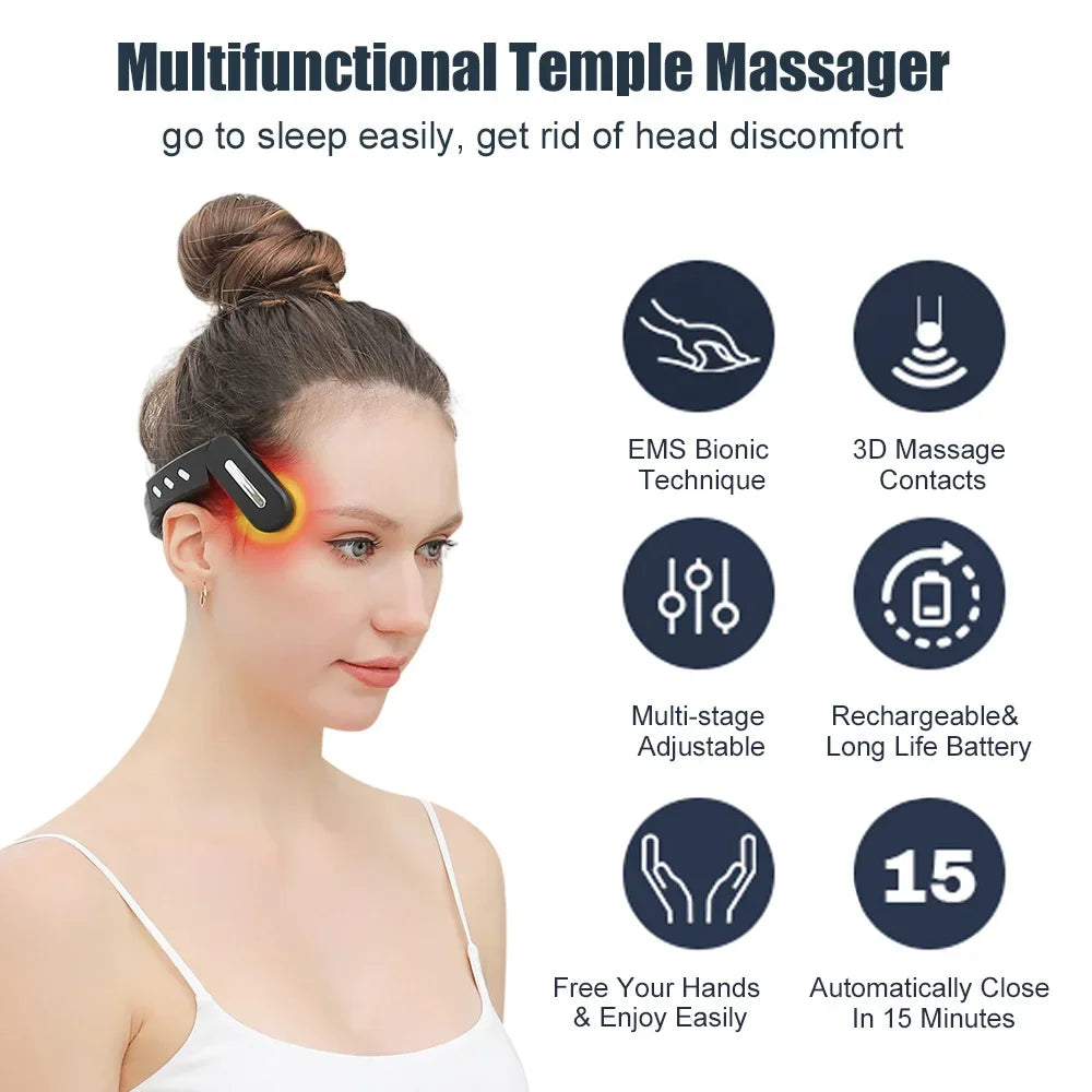 Electric Head Massager EMS Headache and Migraine Relief Hot Compress Vibration Massage Temple Instrument Anti Insomnia Music USB