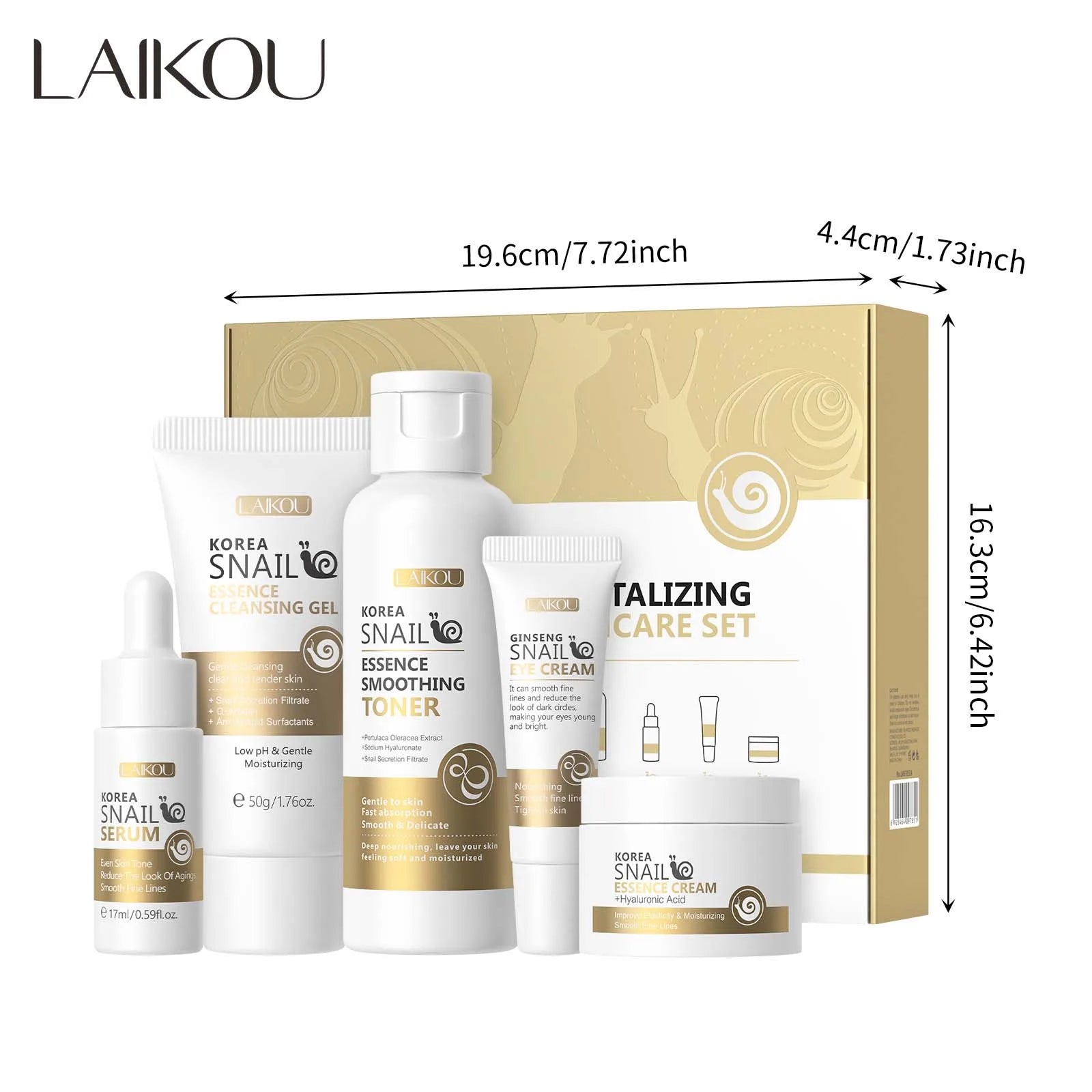 LAIKOU Snail Skin Care Five-piece Facial Treatment Cleansing gel Toner Essence Eye cream Essence Cream Improve Elasticity