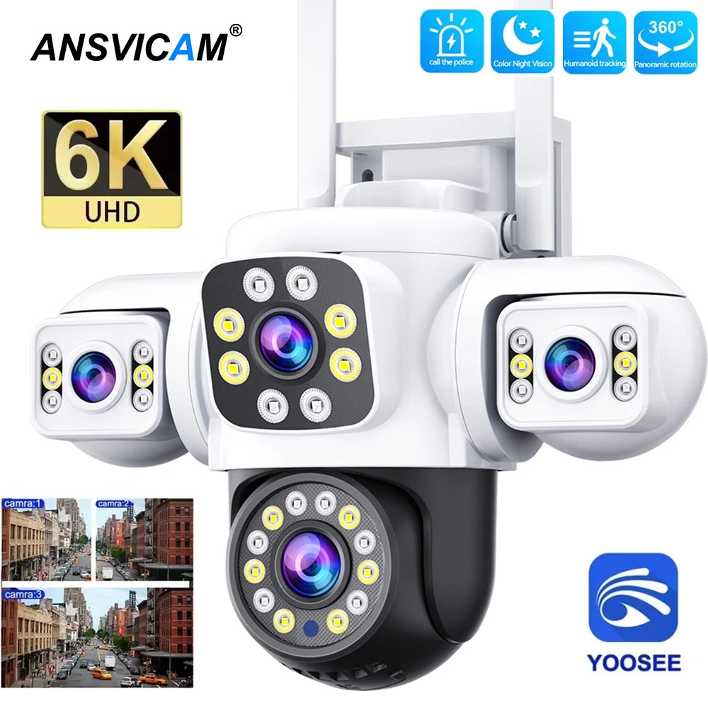ANSVICAM 6K 12MP Triple Screen Triple Lens Outdoor WiFi PTZ 360° IP66 Yoosee CCTV Surveillance Camera for Complete Security