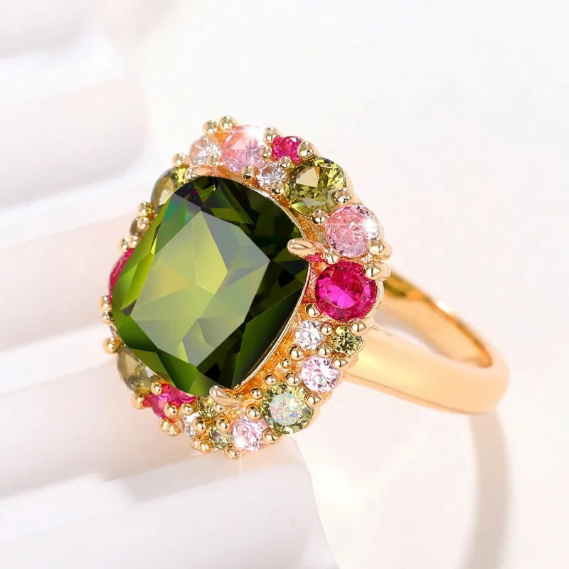 Huitan Newly Colorful Green Cubic Zirconia Rings for Women Special-interested Wedding Party Gorgeous Accessories Female Jewelry