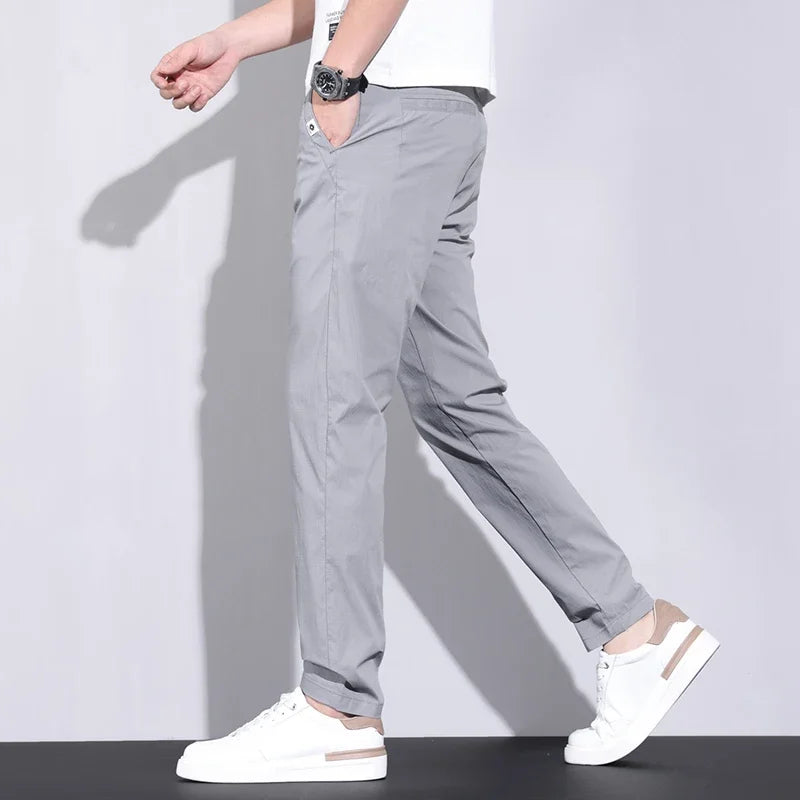 Ultra-thin Elastic Men's Casual Pants 2024 Summer Ice Silk Cotton Fashion Slim Straight Business Trousers Black Gray Khaki