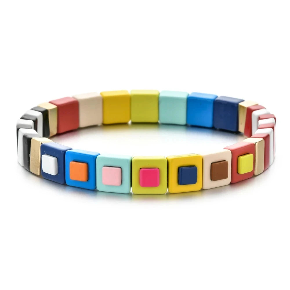 2024 New Fashion Enamel Bracelets Sets For Women Colorful Boho Hand Accessory Beaded Elastic Bangle